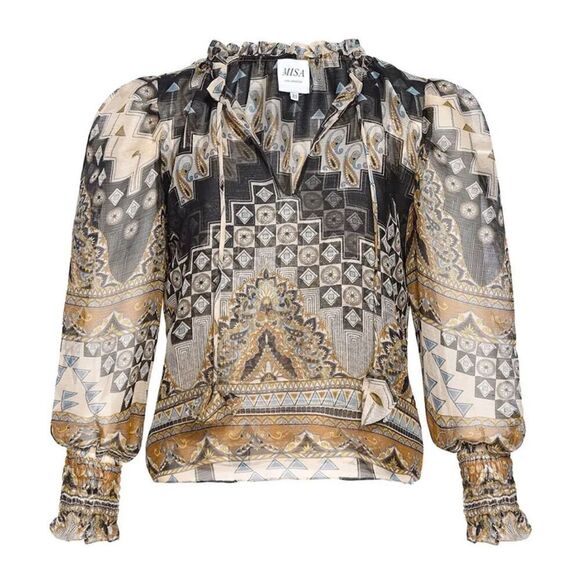 NWT Misa Los Angeles Geometric Print Sheer Peasant Siena Blouse Blue Tan Medium - Picture 2 of 8
